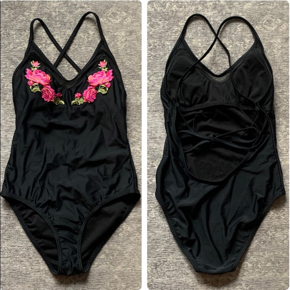 Xhilaration Embroidered One Piece Swimsuit Black Cross Back Mesh Floral S - Picture 5 of 10